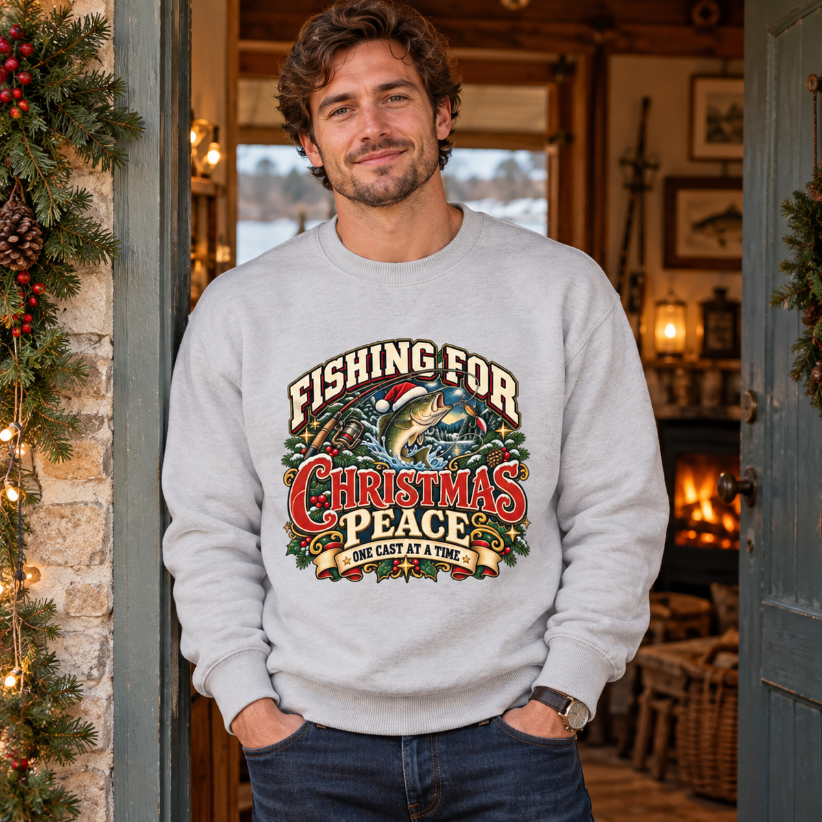 Fishing for Christmas Peace Men's Christmas Sweatshirt in Heather Grey – men's Christmas lifestyle image