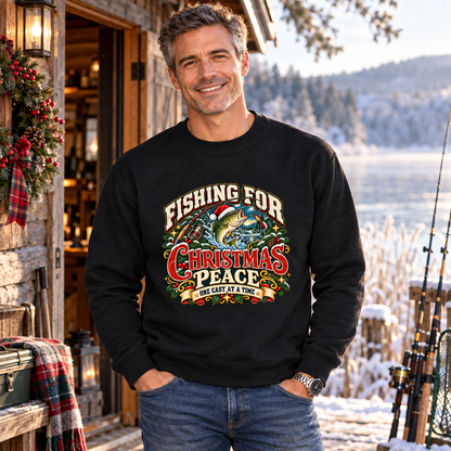 Fishing for Christmas Peace Men's Christmas Sweatshirt in Jet Black – men's Christmas lifestyle image