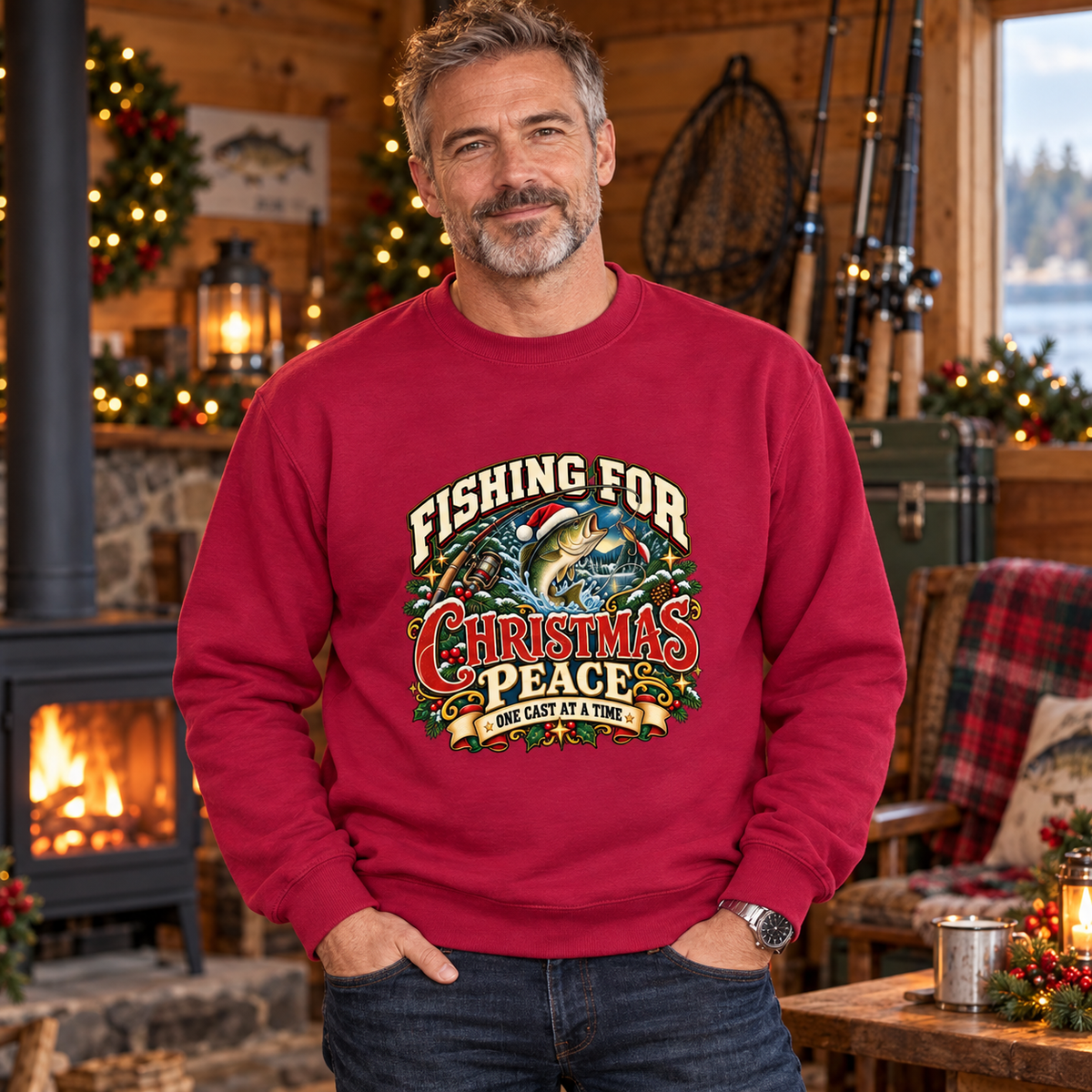 Fishing for Christmas Peace Men's Christmas Sweatshirt in Red Hot Chilli – men's Christmas lifestyle image