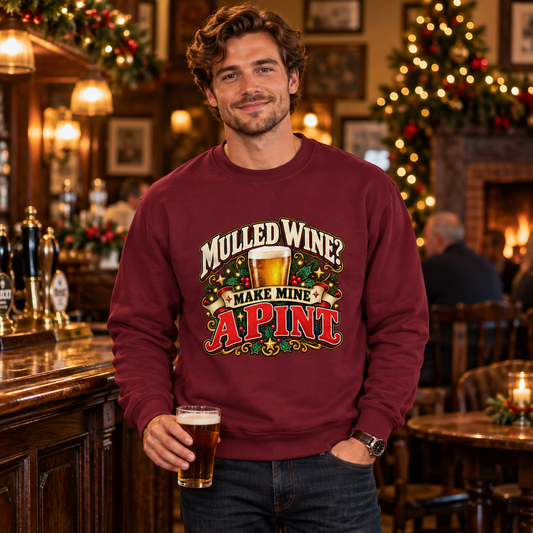 Mulled Wine? Make Mine a Pint Men's Christmas Sweatshirt in Burgundy – men's Christmas lifestyle image