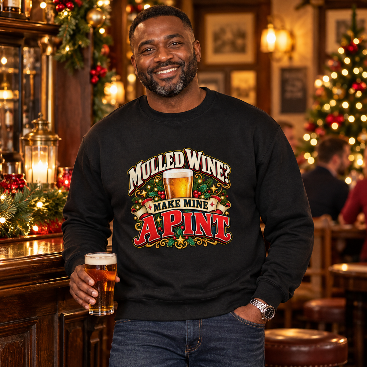 Mulled Wine? Make Mine a Pint Men's Christmas Sweatshirt in Jet Black – men's Christmas lifestyle image