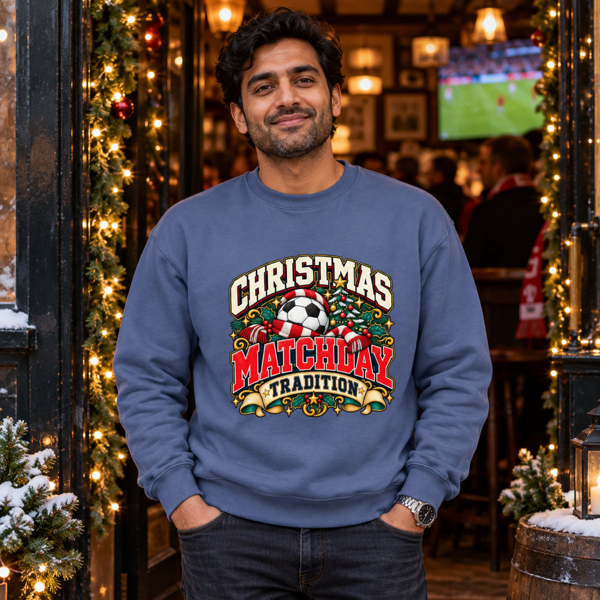 Christmas Matchday Tradition Men's Football Sweatshirt in Airforce Blue – men's Christmas lifestyle image