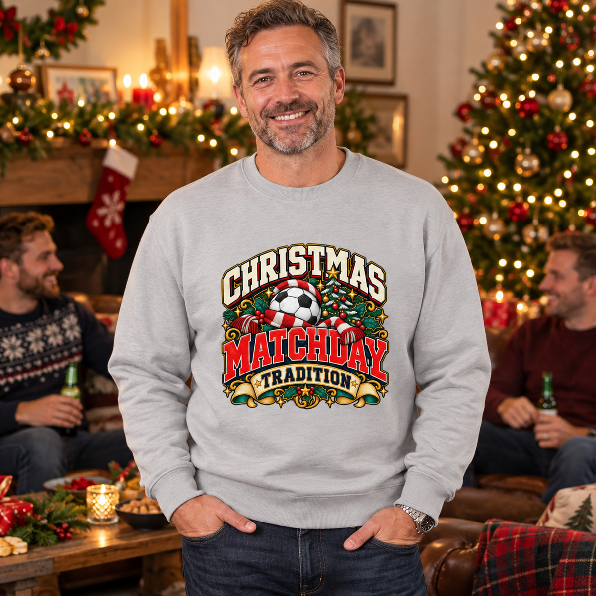 Christmas Matchday Tradition Men's Football Sweatshirt in Heather Grey – men's Christmas lifestyle image
