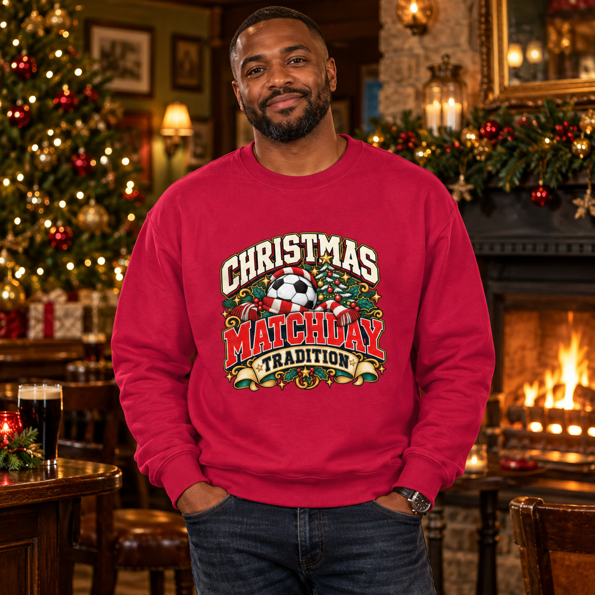 Christmas Matchday Tradition Men's Football Sweatshirt in Red Hot Chilli – men's Christmas lifestyle image