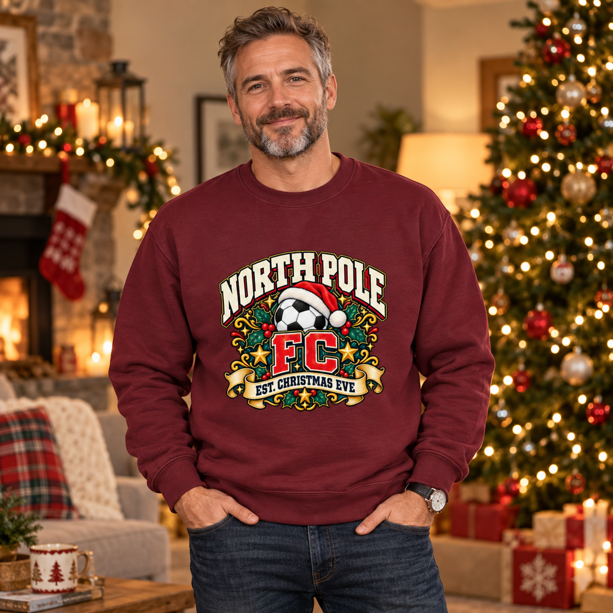 North Pole FC Men's Christmas Football Sweatshirt in Burgundy – men's Christmas lifestyle image