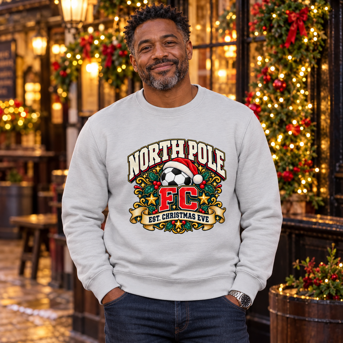 North Pole FC Men's Christmas Football Sweatshirt in Heather Grey – men's Christmas lifestyle image