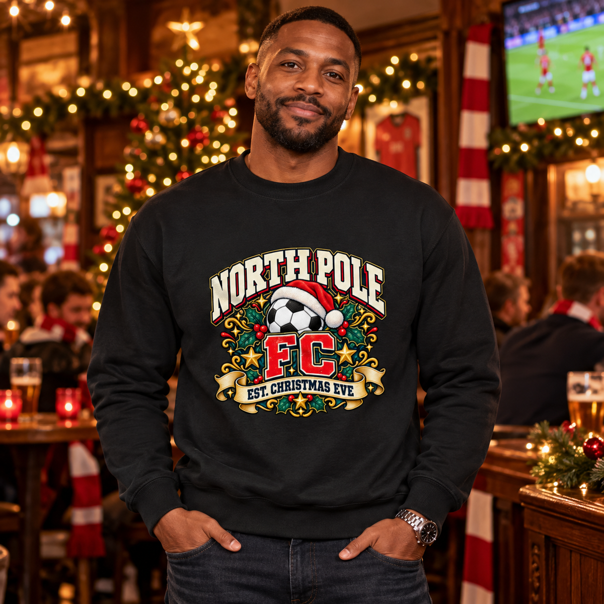 North Pole FC Men's Christmas Football Sweatshirt in Jet Black – men's Christmas lifestyle image