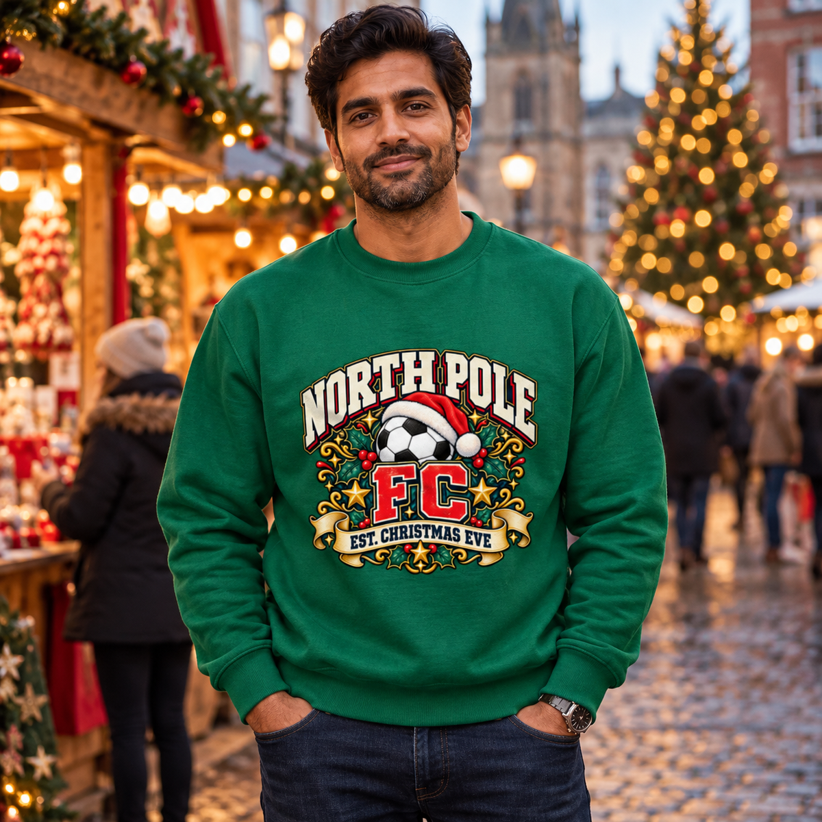 North Pole FC Men's Christmas Football Sweatshirt in Rainforest Green – men's Christmas lifestyle image