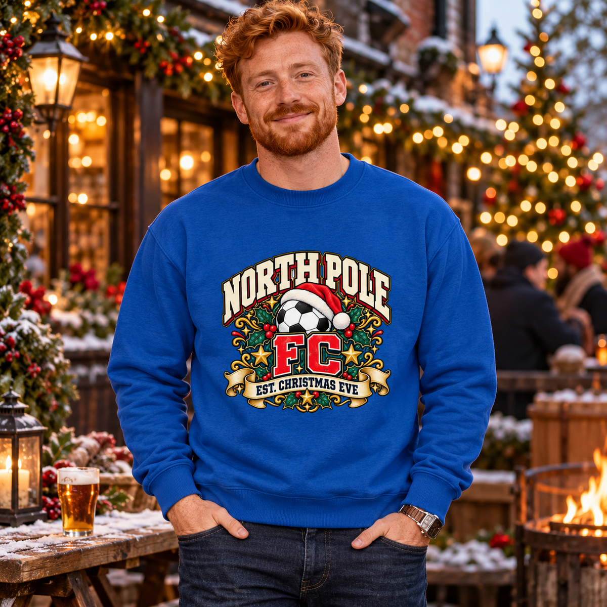 North Pole FC Men's Christmas Football Sweatshirt in Royal Blue – men's Christmas lifestyle image