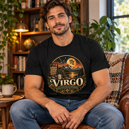 Virgo Wilderness Crest Men's T-Shirt in Black, worn by a man in a lifestyle setting