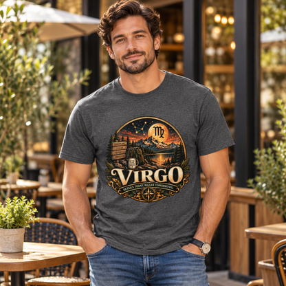Virgo Wilderness Crest Men's T-Shirt in Dark Heather, worn by a man in a lifestyle setting