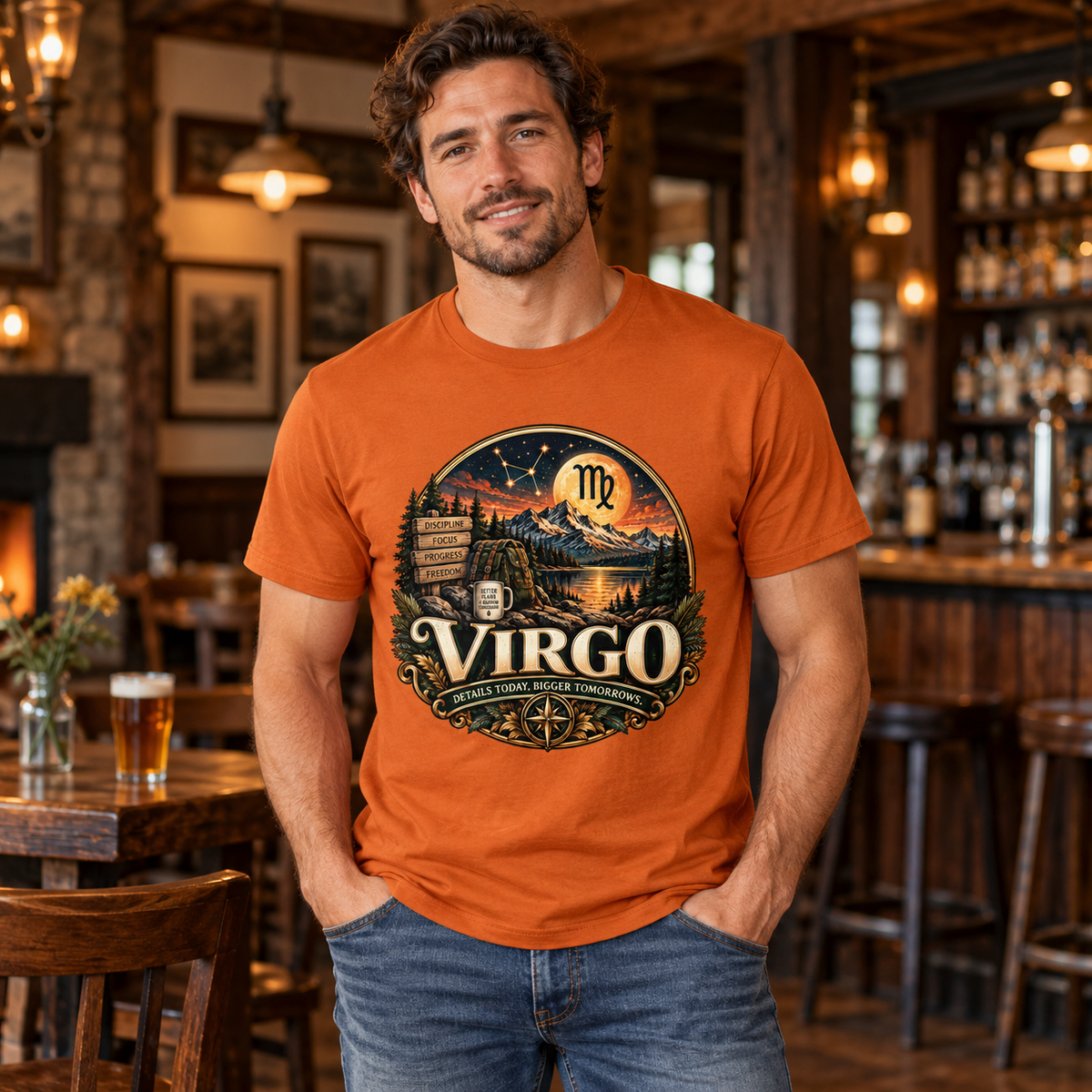Virgo Wilderness Crest Men's T-Shirt in Fan Texas Orange, worn by a man in a lifestyle setting