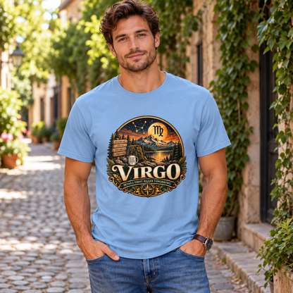 Virgo Wilderness Crest Men's T-Shirt in Light Blue, worn by a man in a lifestyle setting