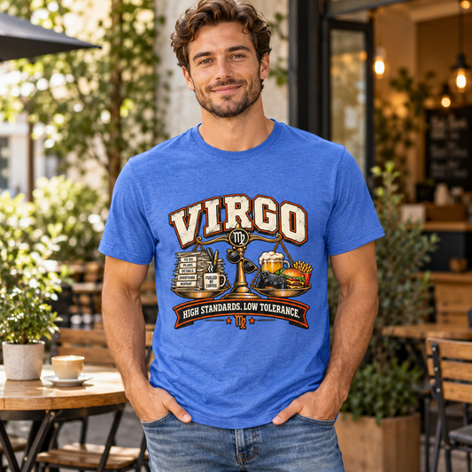 Virgo High Standards, Low Tolerance Men's T-Shirt in Heather Royal, worn by a man in a lifestyle setting
