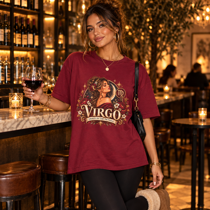 Virgo Grace in the Details Women's T-Shirt – Burgundy in Antique Cherry, worn by a woman in a lifestyle setting