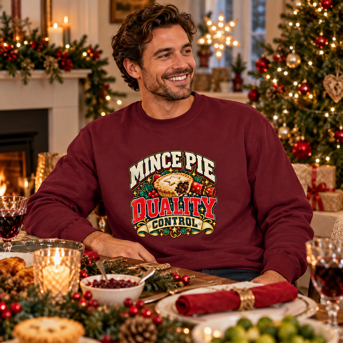 Mince Pie Quality Control Mens Christmas Sweatshirt in Burgundy – men's Christmas sweatshirt lifestyle photo