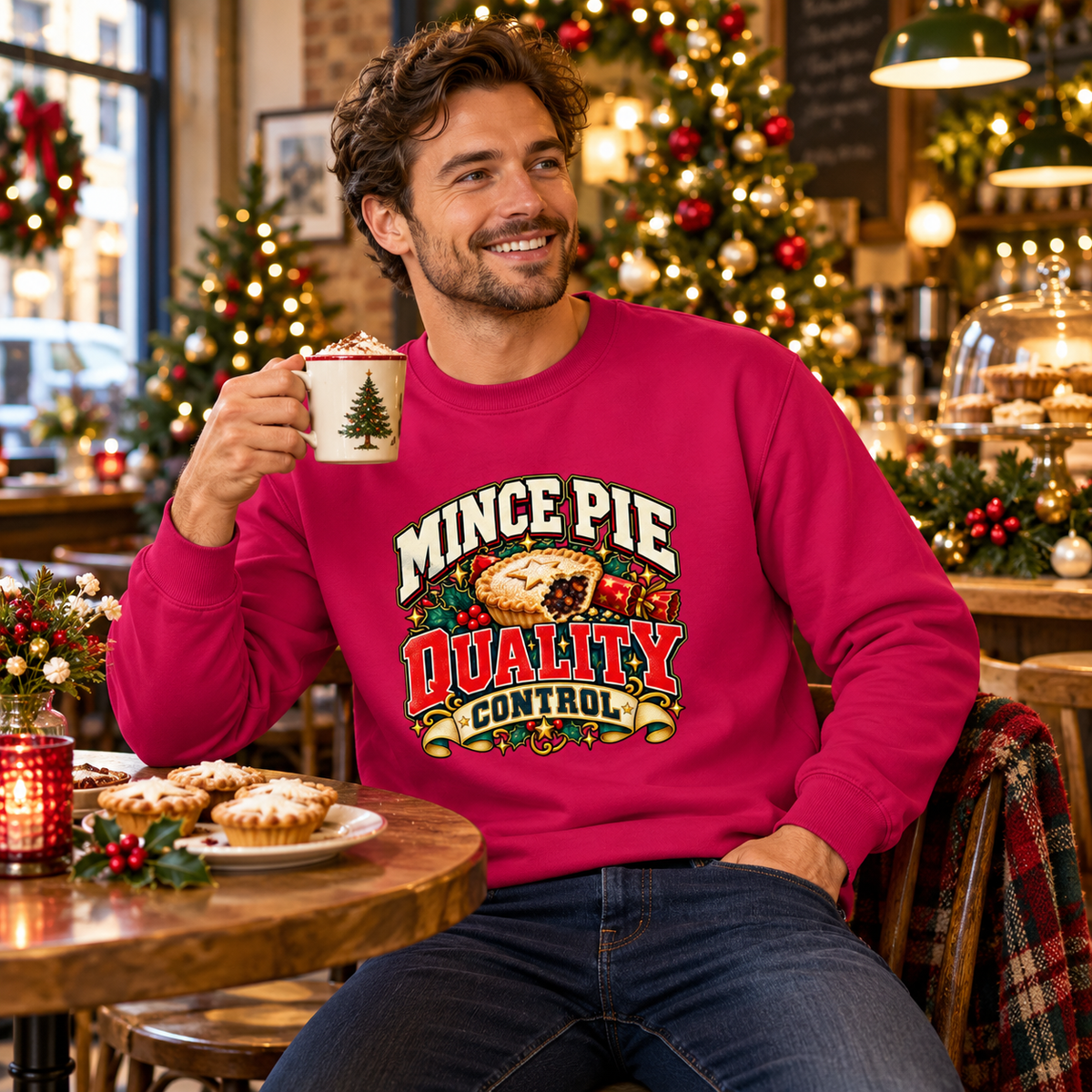 Mince Pie Quality Control Mens Christmas Sweatshirt in Cranberry – men's Christmas sweatshirt lifestyle photo
