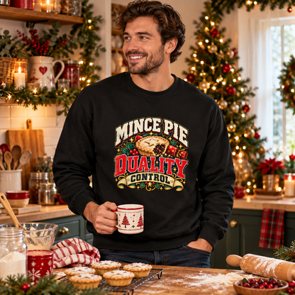 Mince Pie Quality Control Mens Christmas Sweatshirt in Jet Black – men's Christmas sweatshirt lifestyle photo