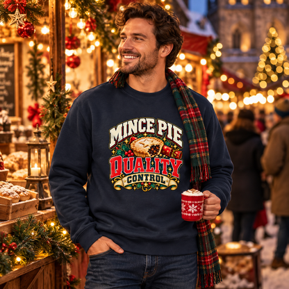 Mince Pie Quality Control Mens Christmas Sweatshirt in New French Navy – men's Christmas sweatshirt lifestyle photo