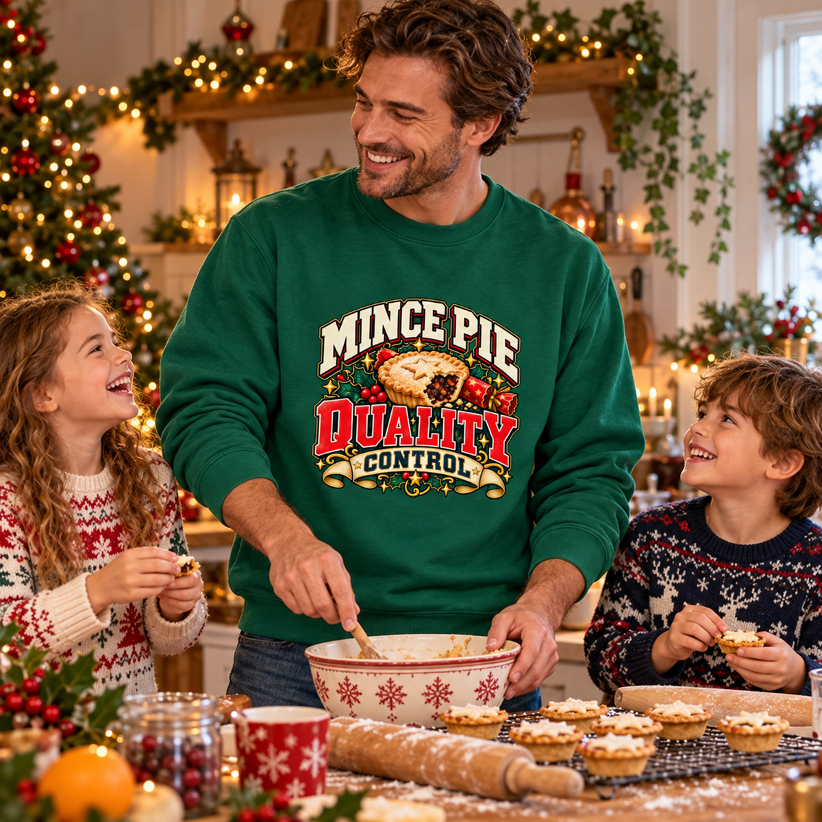 Mince Pie Quality Control Mens Christmas Sweatshirt in Rainforest Green – men's Christmas sweatshirt lifestyle photo