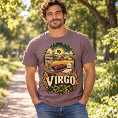Virgo Measure Twice Men's T-Shirt in Paragon, model on an outdoor woodland path