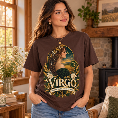 Virgo Pure of Heart Women's T-Shirt – Dark in Dark Chocolate, model inside a cosy cottage