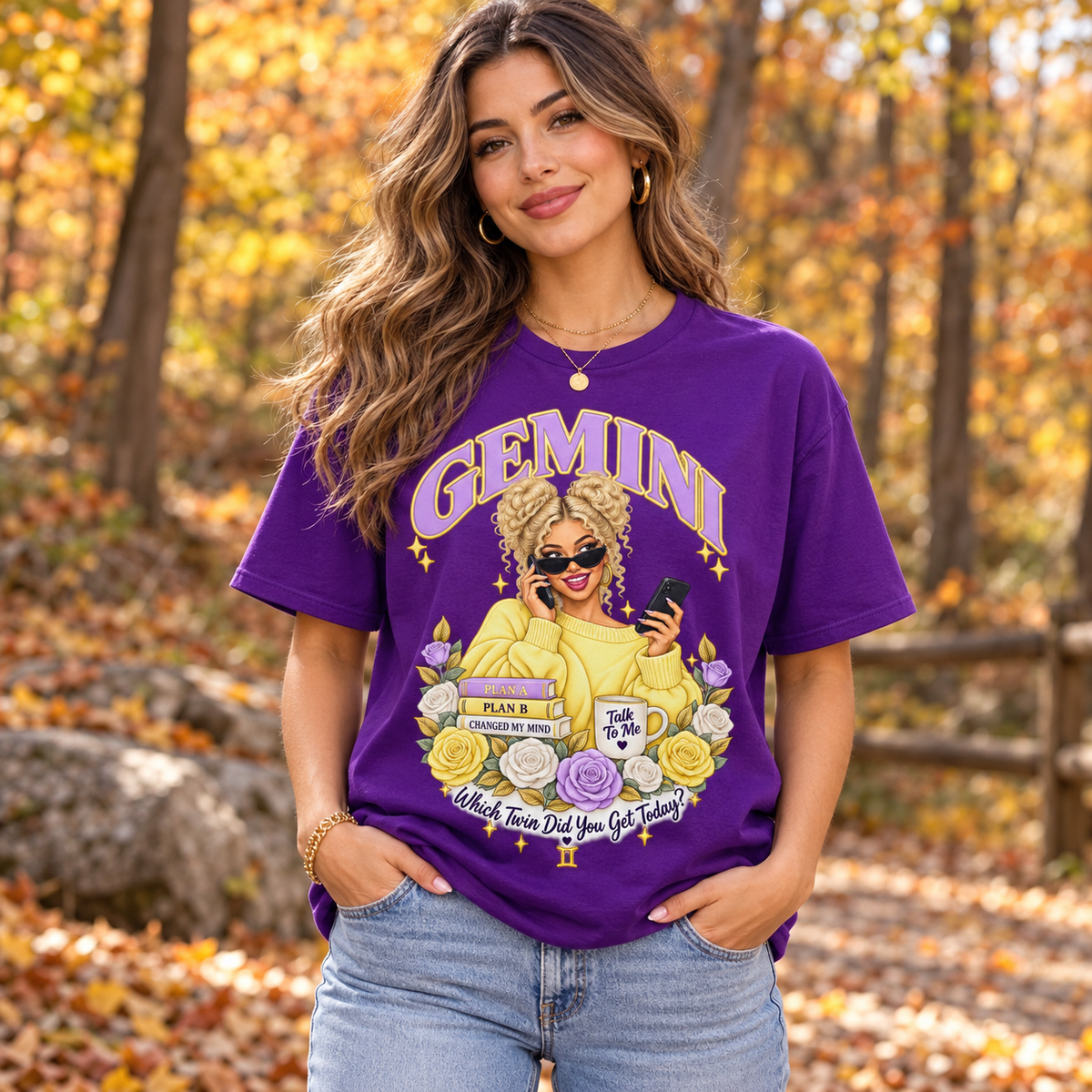 Gemini Which Twin Did You Get Today Women's T-Shirt – Light in Purple, model outdoors in an autumn woodland park