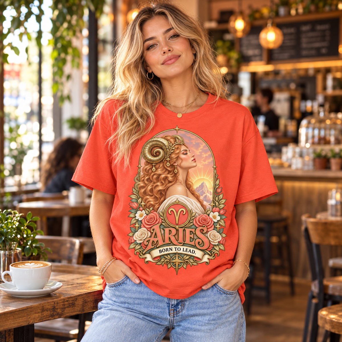 Aries Born to Lead Women's T-Shirt – Light Colours, model wearing the original design in a cosy stylish coffee shop indoors.