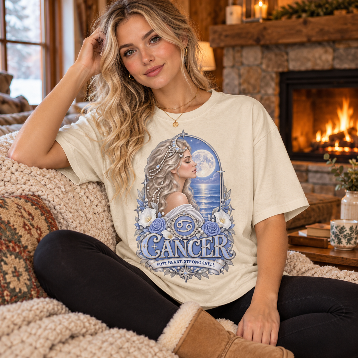 Cancer Soft Heart Strong Shell Women's T-Shirt – Light in Natural, model seated cosily on a sofa beside a fireplace in a warm cottage
