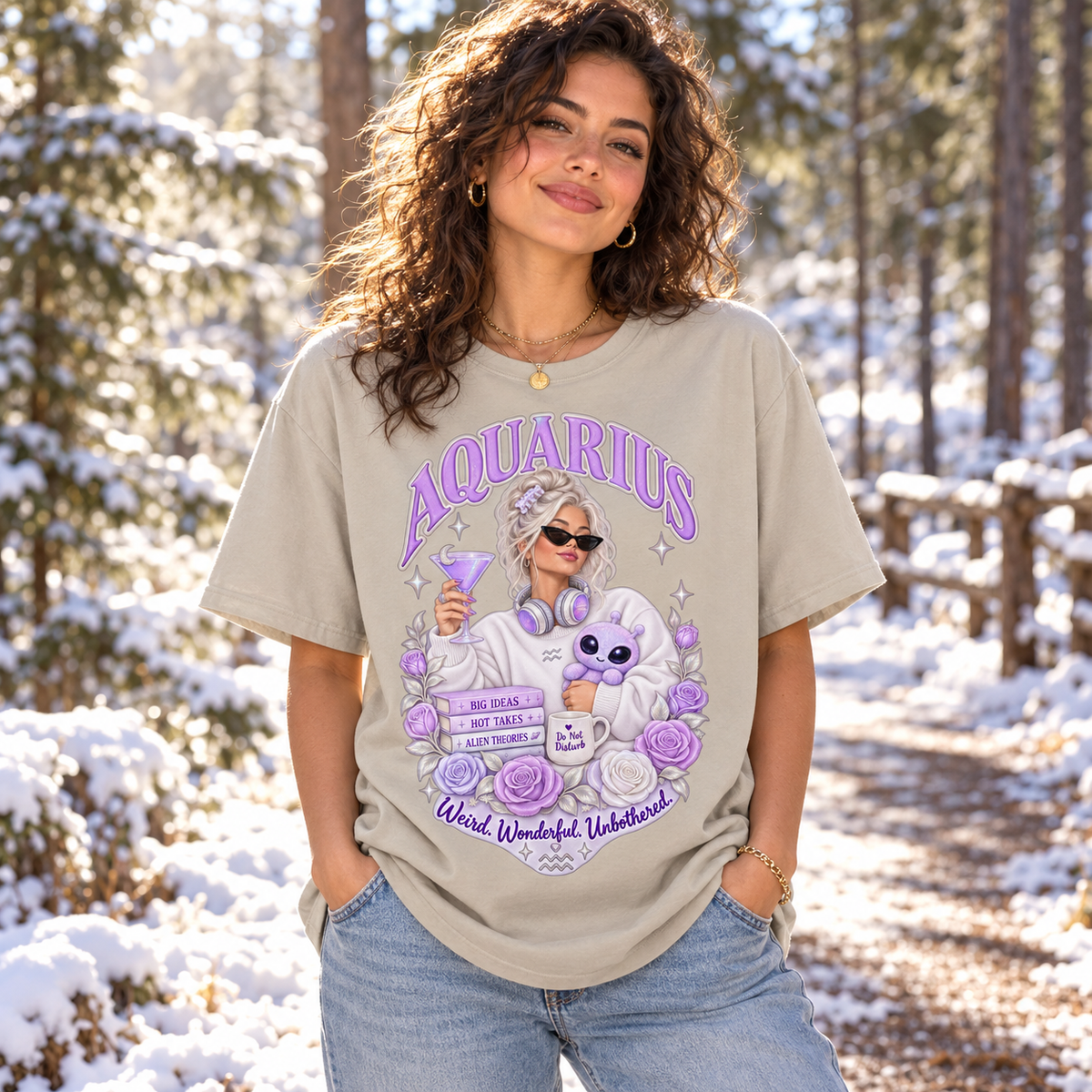 Aquarius Weird Wonderful Unbothered Women's T-Shirt – Light Colours, model wearing the original design in a sunny frosty woodland path outdoors.