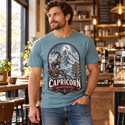 Capricorn Slow Climb Highest Peak Men's T-Shirt in Stone Blue, model inside a stylish warm coffee shop with window light