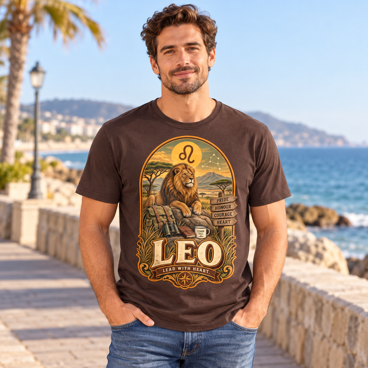Leo Lead with Heart Men's T-Shirt in Dark Chocolate, model outdoors on a seaside promenade
