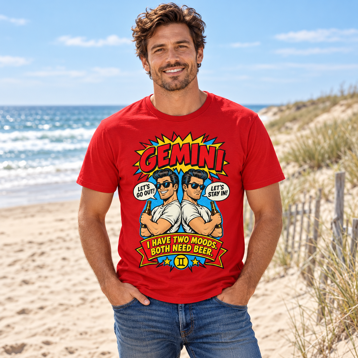 Gemini Two Moods Both Need Beer Men's T-Shirt in Red, model at a sandy beach with sea and dunes