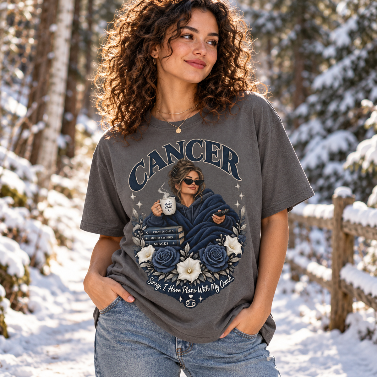 Cancer Plans with My Couch Women's T-Shirt – Dark in Graphite Heather, model outside on a frosty woodland path in crisp winter sunlight