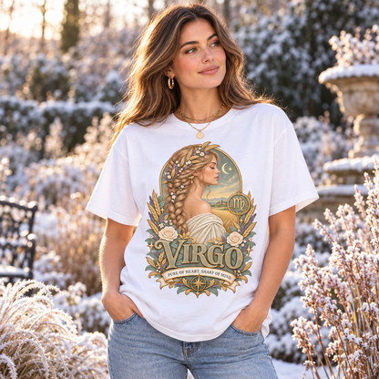 Virgo Pure of Heart Women's T-Shirt – Light in White, model in a winter garden with frosty grasses