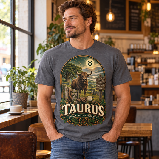Taurus Steady Strong Unmoved Men's T-Shirt in Graphite Heather, model inside a stylish warm independent cafe beside a window