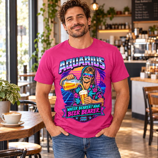 Aquarius Water Bearer? Nah. Beer Bearer Men's T-Shirt, model wearing the original design in a cosy stylish coffee shop indoors.
