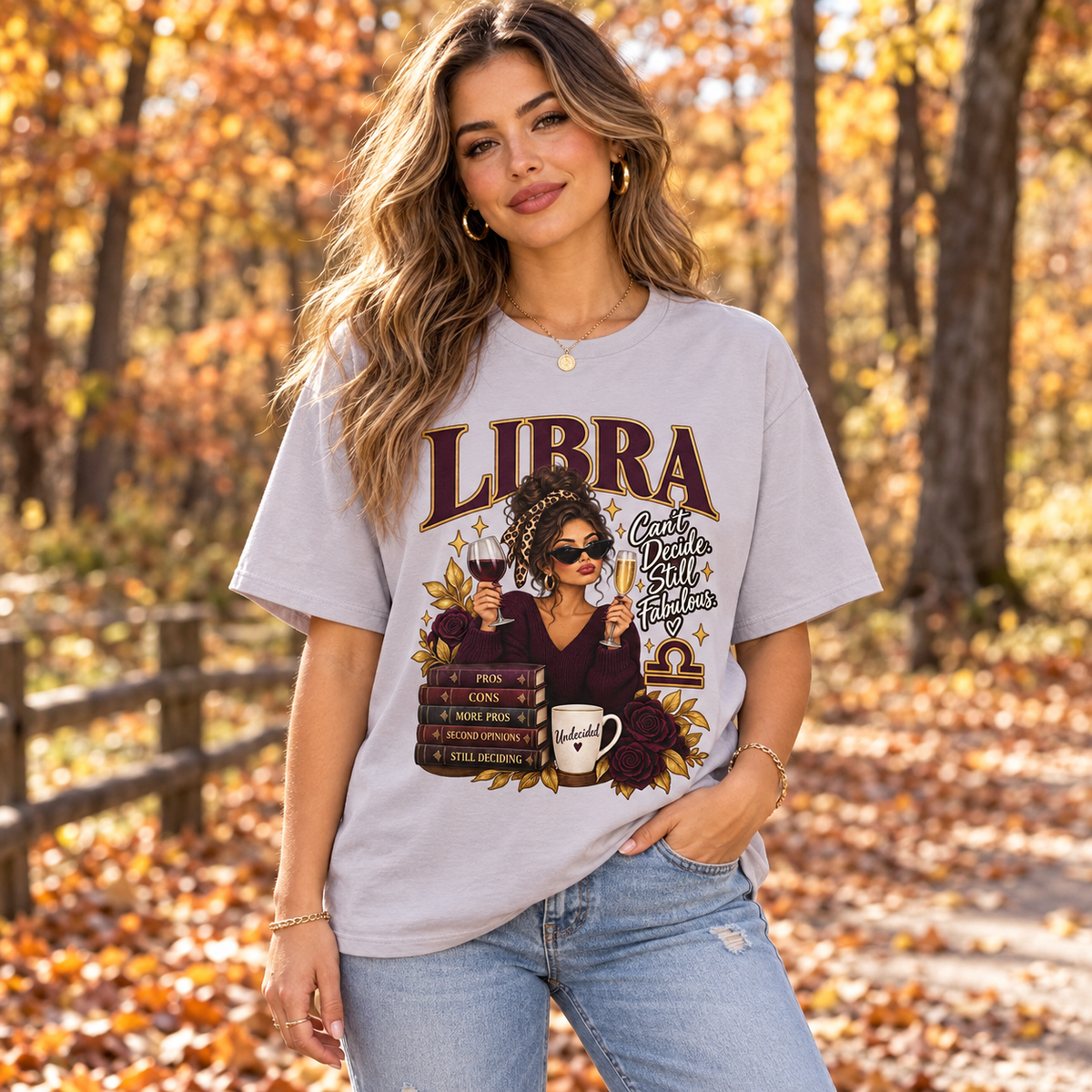 Libra Can't Decide Still Fabulous Women's T-Shirt – Dark in Ice Grey, model outdoors in an autumn woodland park