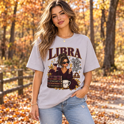 Libra Can't Decide Still Fabulous Women's T-Shirt – Dark in Ice Grey, model outdoors in an autumn woodland park