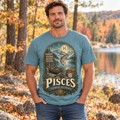 Pisces Calm Waters Deep Strength Men's T-Shirt in Stone Blue, model outdoors in an autumn woodland park