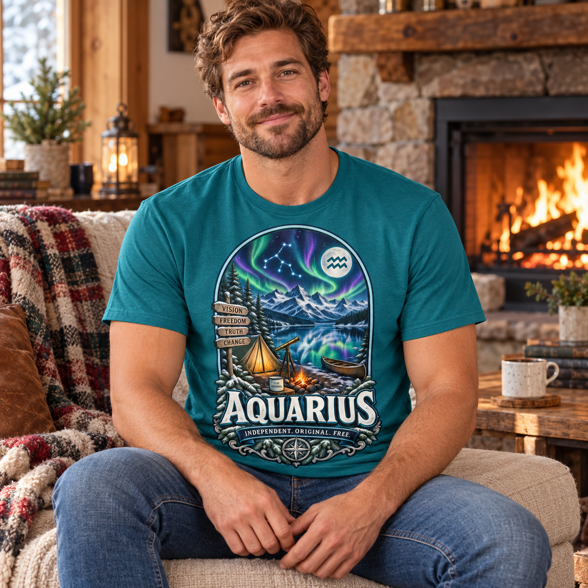 Aquarius Independent Original Free Men's T-Shirt, model wearing the original design in a seated comfortably on a cottage sofa beside a fireplace indoors.