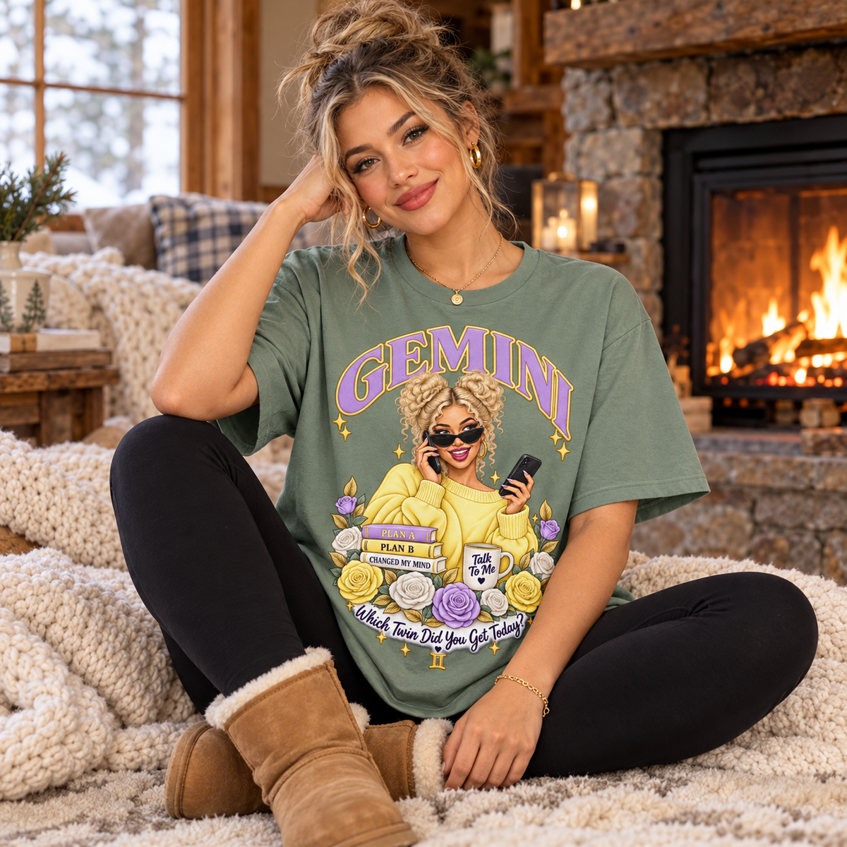 Gemini Which Twin Did You Get Today Women's T-Shirt – Light in Sage, model inside a cosy cottage seated beside a fireplace