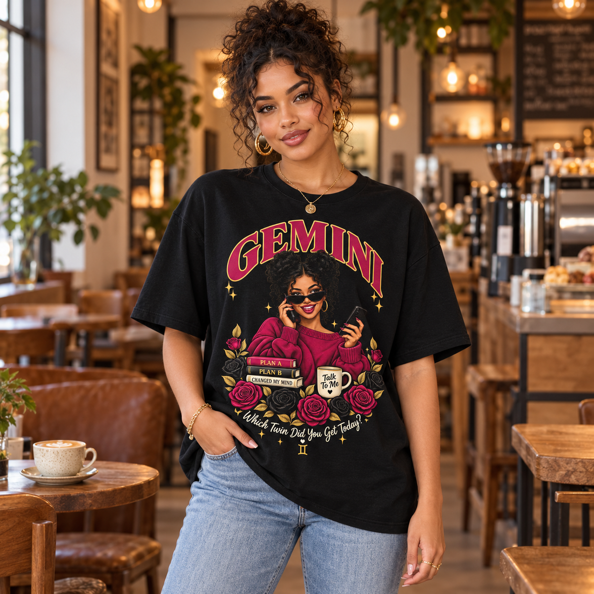 Gemini Which Twin Did You Get Today Women's T-Shirt – Dark in Black, model indoors in a stylish warm coffee shop