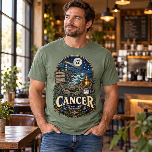 Cancer Guard What Matters Men's T-Shirt in Sage, model inside a stylish warm coffee shop with window light