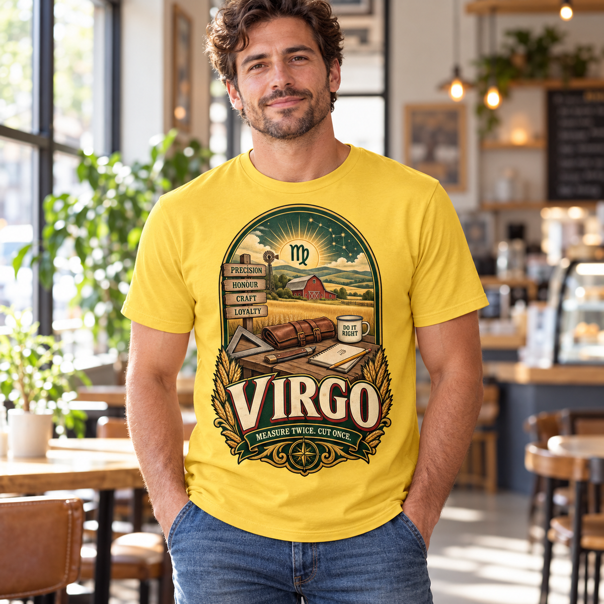 Virgo Measure Twice Men's T-Shirt in Daisy, model inside a warm cafe