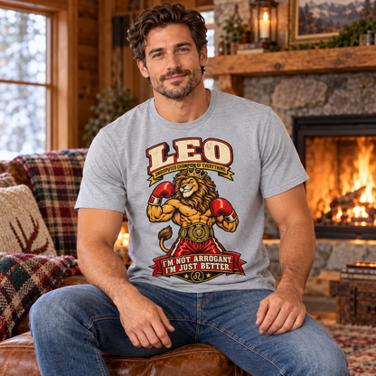 Leo I'm Not Arrogant I'm Just Better Men's T-Shirt in Sports Grey, model inside a cosy cottage seated beside a fireplace