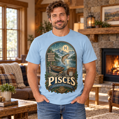 Pisces Calm Waters Deep Strength Men's T-Shirt in Light Blue, model inside a cosy cottage living room