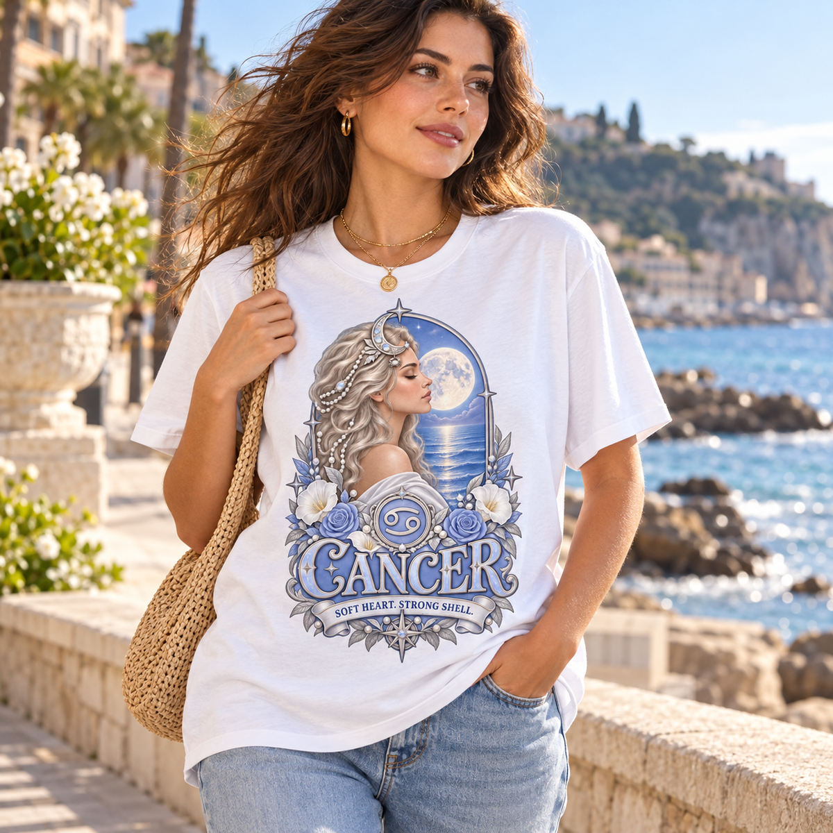 Cancer Soft Heart Strong Shell Women's T-Shirt – Light in White, model walking on a seaside promenade with soft afternoon light