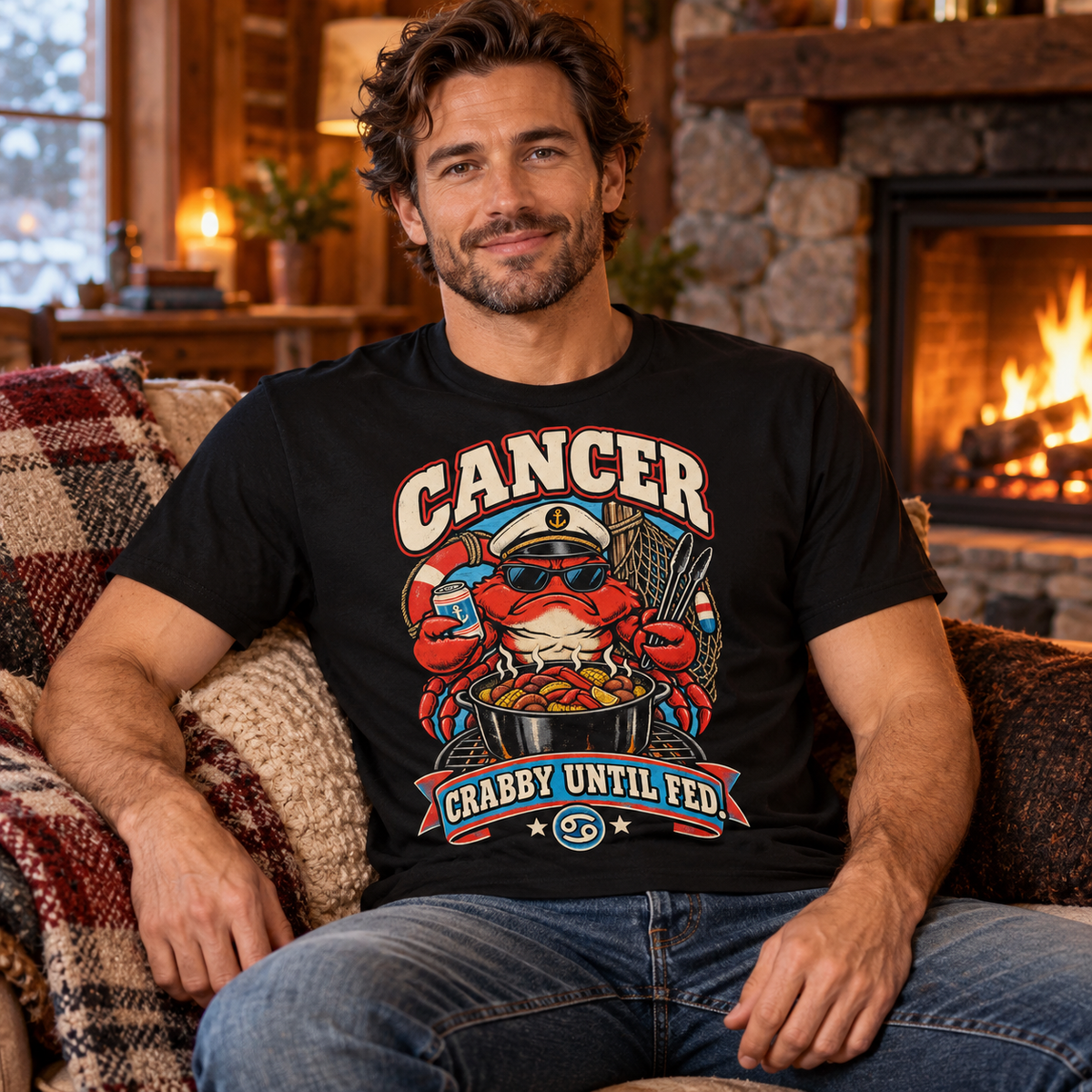 Cancer Crabby Until Fed Men's T-Shirt in Black, model seated cosily on a sofa beside a fireplace in a warm cottage