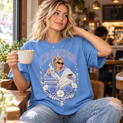 Cancer Plans with My Couch Women's T-Shirt – Light in Carolina Blue, model inside a stylish warm coffee shop with window light
